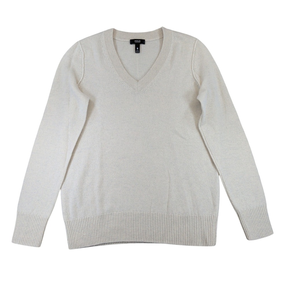 AQUA Cashmere Womens V-Neck Sweater Cream Ivory 100% Cashmere Small Seam Back